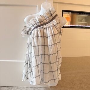 BRUNELLO CUCINELLI Darling Linen Windowpane Off Shoulder Ruffle Top XS/S $2,873